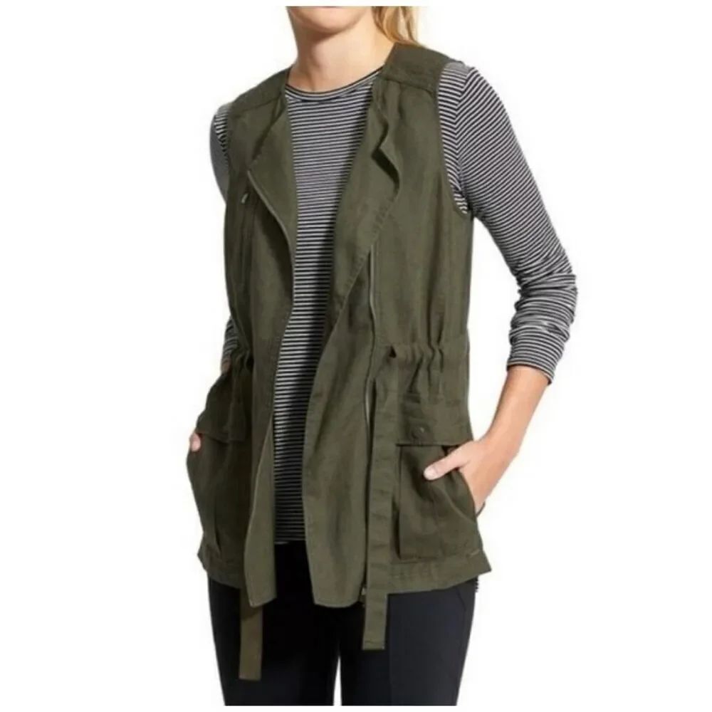 Athleta Wanderbout Olive Green Linen Utility Vest Size Large